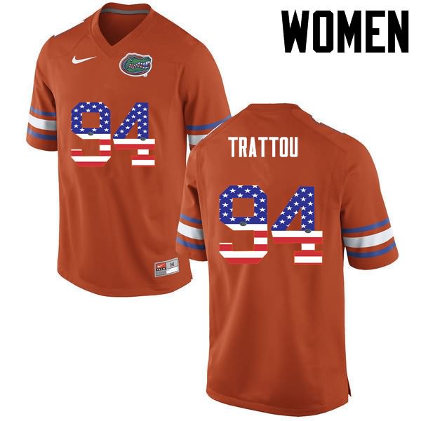 NCAA Florida Gators Justin Trattou Women's #94 USA Flag Fashion Nike Orange Stitched Authentic College Football Jersey ARC4564GY